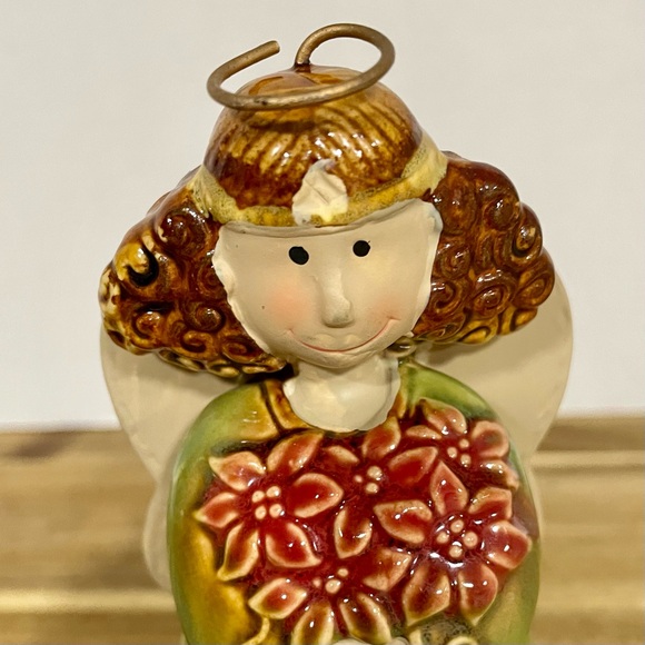 Angel Figurines Ceramic Pottery Christmas Gold Green Tones Poinsettias Candle - Picture 6 of 8
